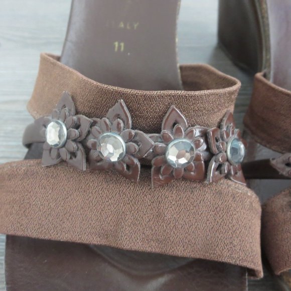 Italian Shoemakers Dark Brown Rhinestone Flower Open Toe Wedge Shoes Sandals 11 - Picture 5 of 16